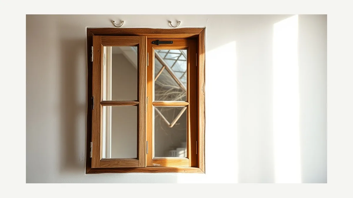 Fenêtre ancienne en bois vue de l’intérieur avec lumière naturelle