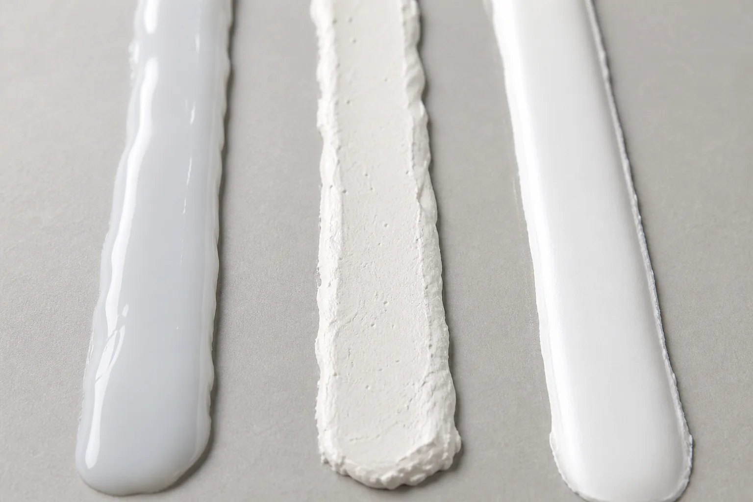 Comparaison visuelle entre silicone standard, mastic acrylique et mastic hybride peignable