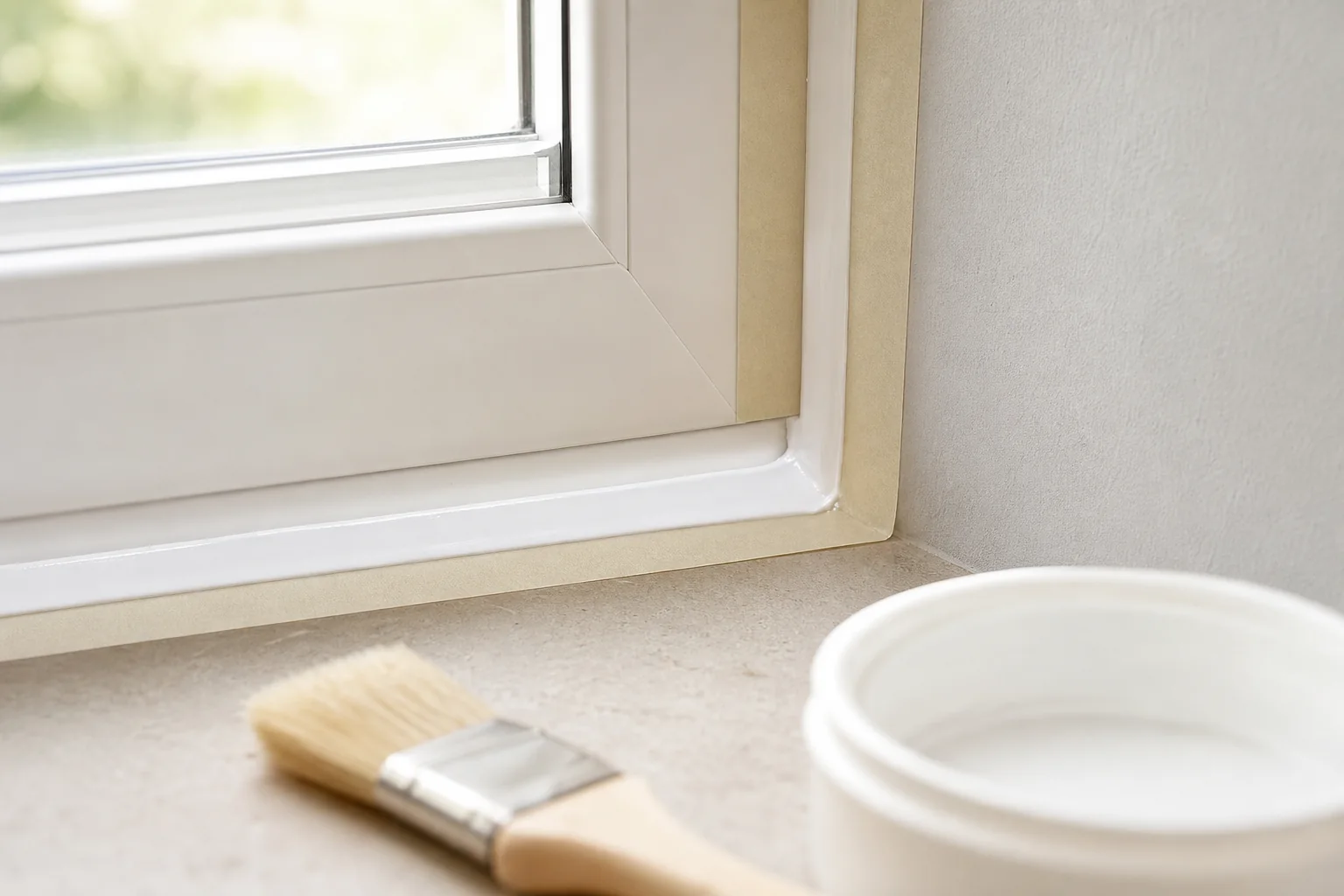 Joint silicone blanc autour d'une fenêtre, préparé avec ruban de masquage et pinceau prêt à servir