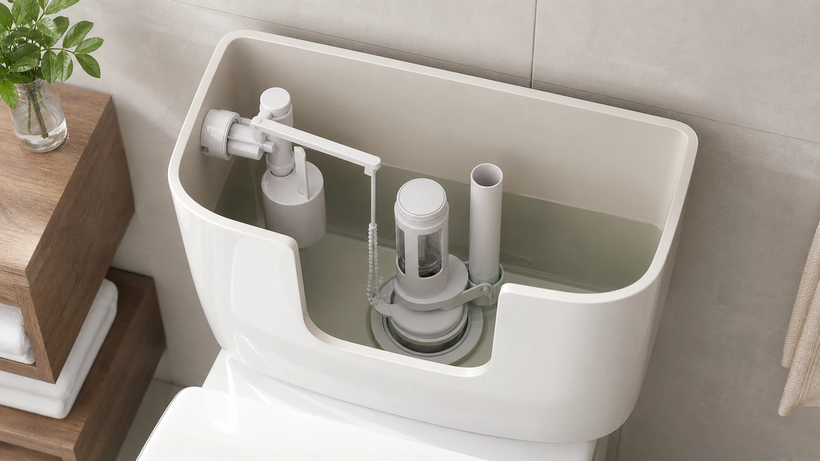 Réservoir de WC ouvert montrant flotteur, mécanisme de chasse et clapet