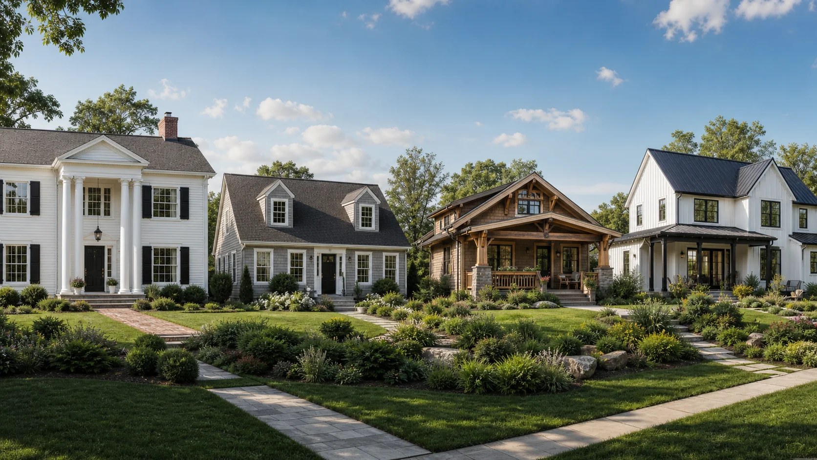 Quatre styles de maisons américaines avec porches, bardages et architectures variées
