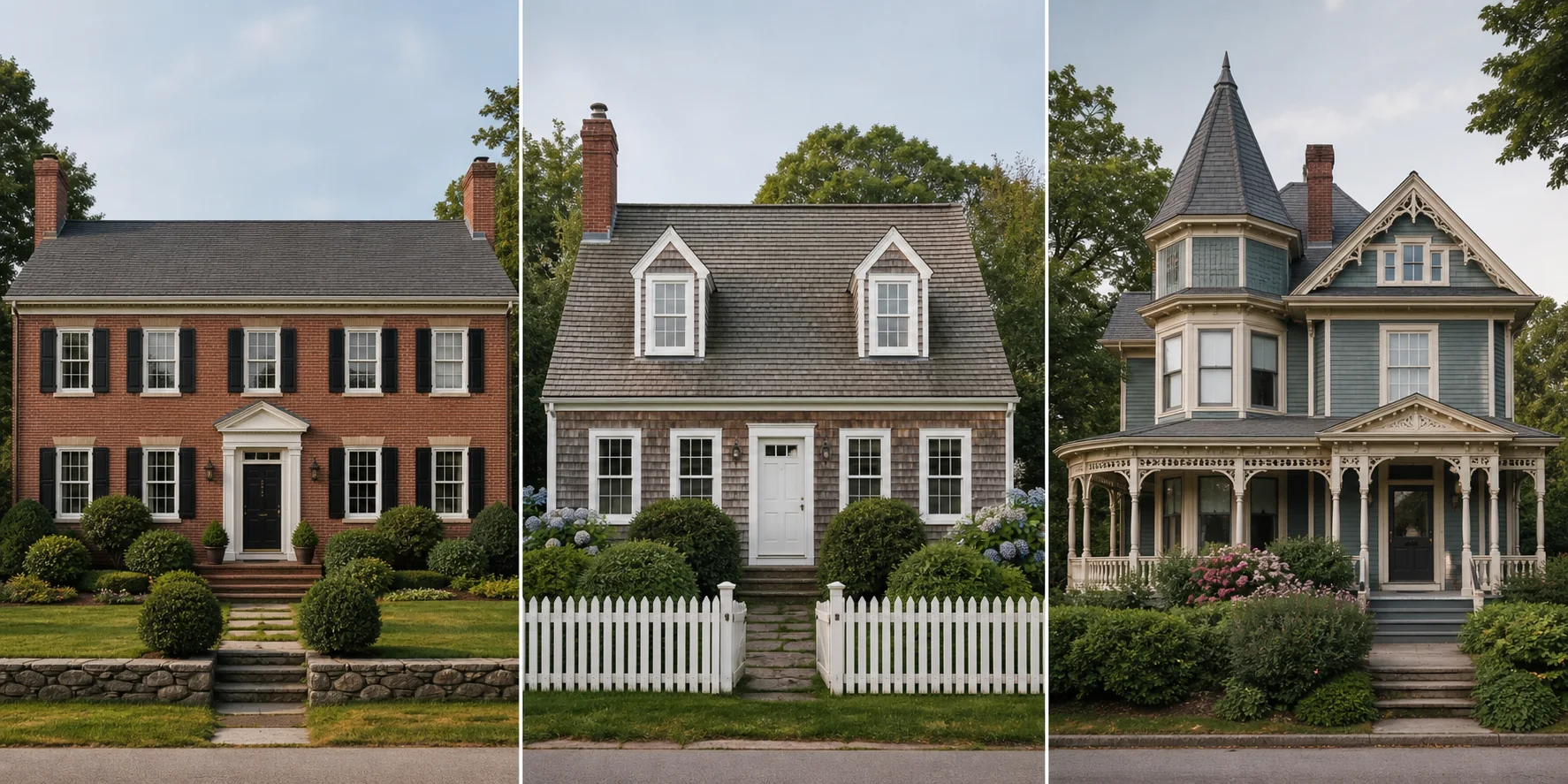 Comparaison de maisons américaines Colonial, Cape Cod et Victorienne