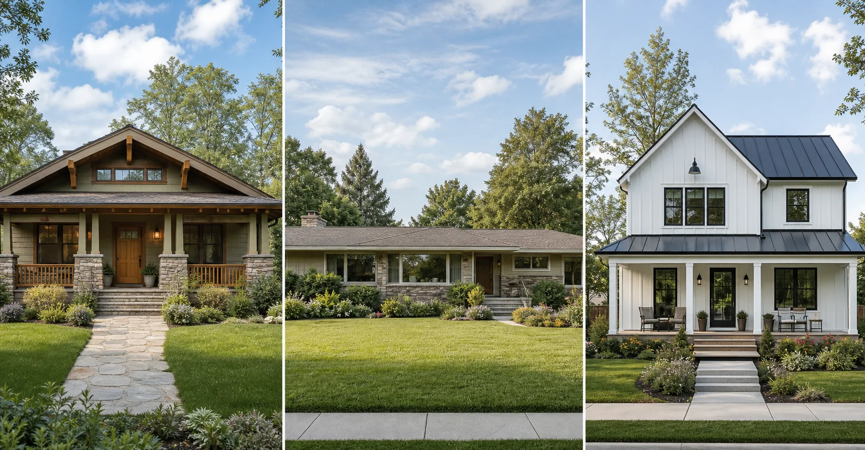 Comparaison de maisons américaines Craftsman, Ranch et Farmhouse