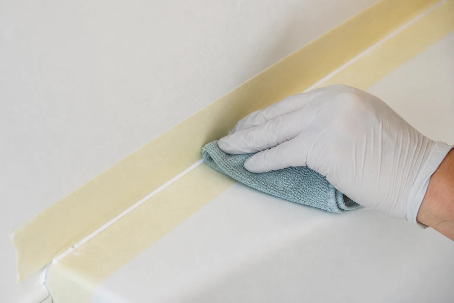 Préparation d'un joint existant avec chiffon, dégraissage et ruban de masquage avant peinture