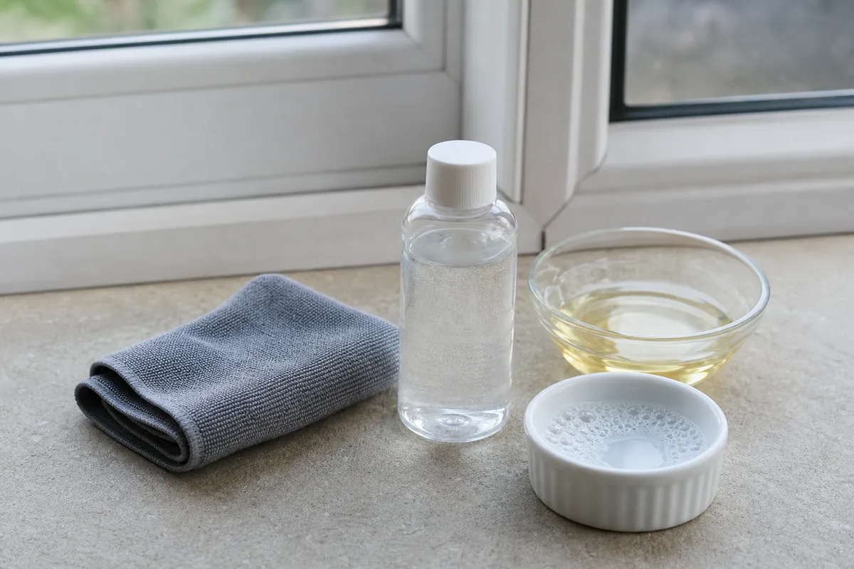 Kit simple avec chiffon microfibre, flacon générique, eau savonneuse et huile végétale près d'une fenêtre PVC