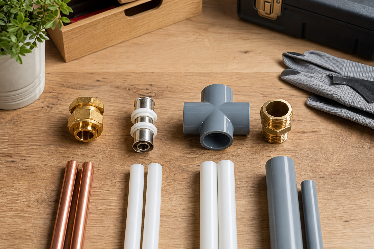 Raccords de plomberie en laiton, métal et PVC disposés avec des tubes cuivre, multicouche et PVC