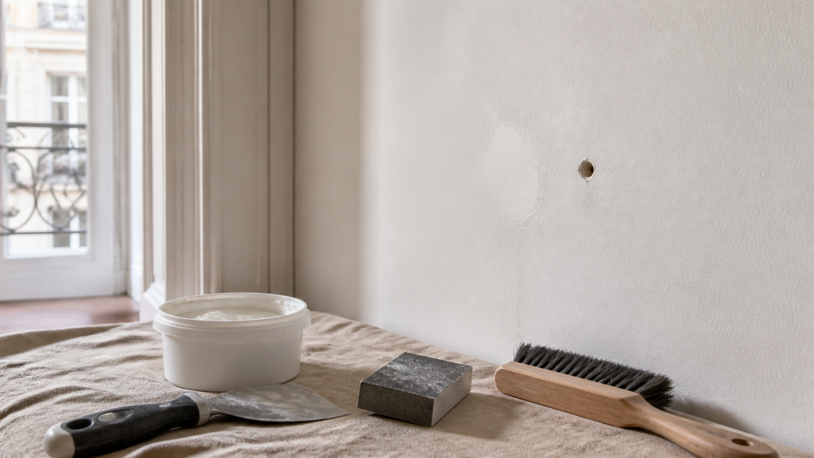 Mur intérieur blanc avec une zone réparée, un petit trou de cheville voisin et les outils de rebouchage