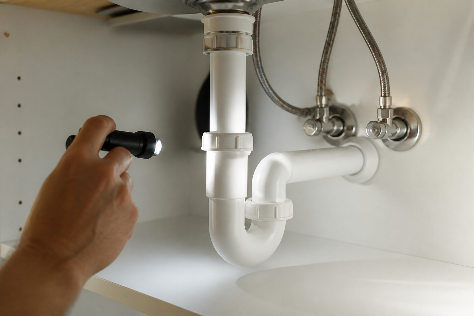 Contrôle visuel des raccords et du siphon sous un évier