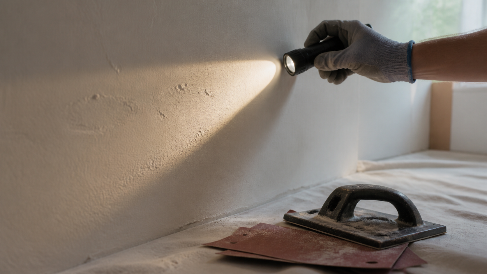 Contrôle d’un mur enduit à la lampe rasante avant peinture