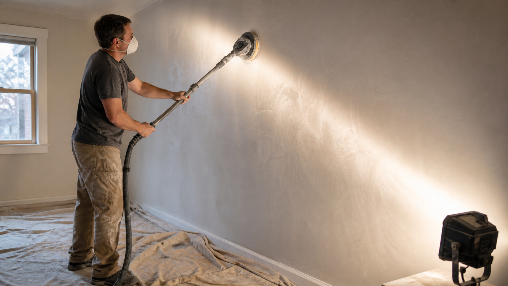 Ponçage d’un mur enduit avec une perche et contrôle de la surface en lumière rasante