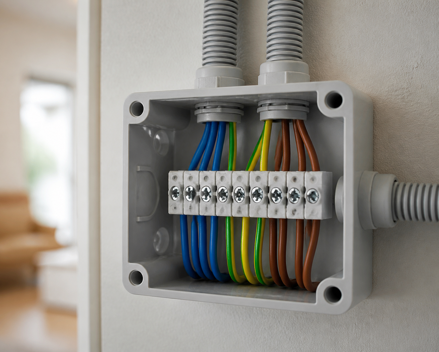 Borne de raccordement à vis installée dans une boîte de dérivation