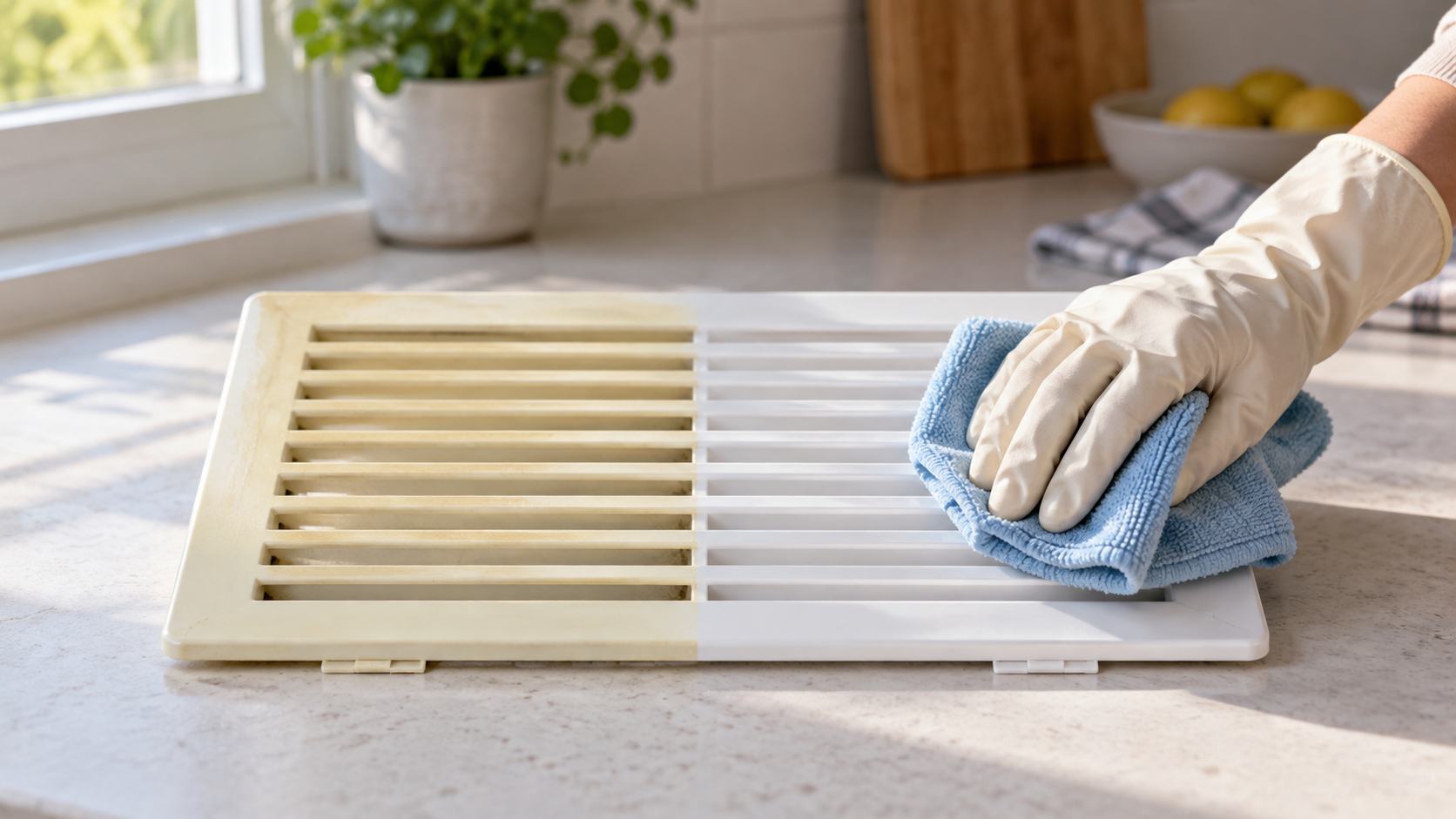 Objet en plastique blanc présentant une comparaison avant et après nettoyage avec un chiffon microfibre