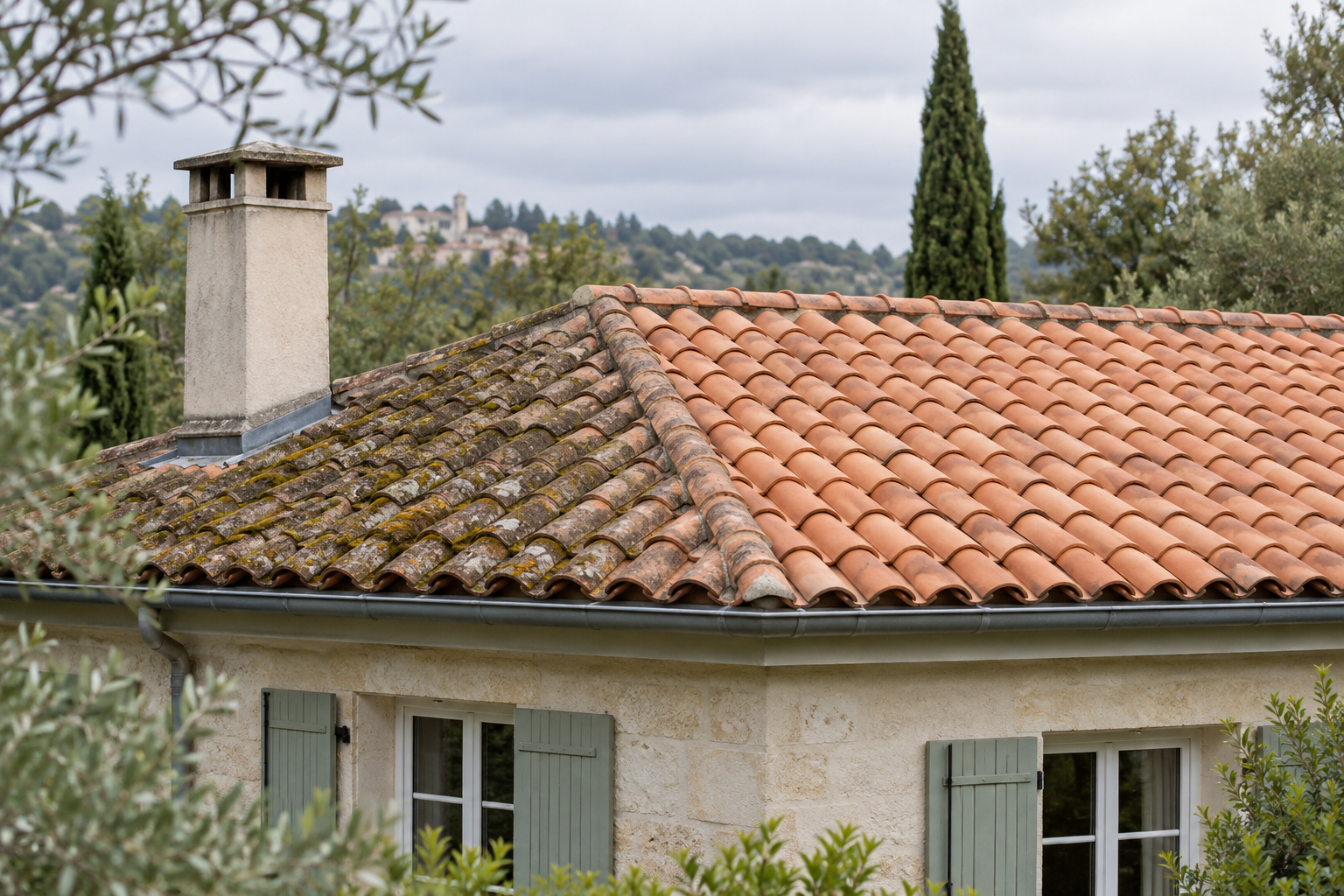 Toiture en tuiles avec une zone ombragée couverte de mousse et une zone propre