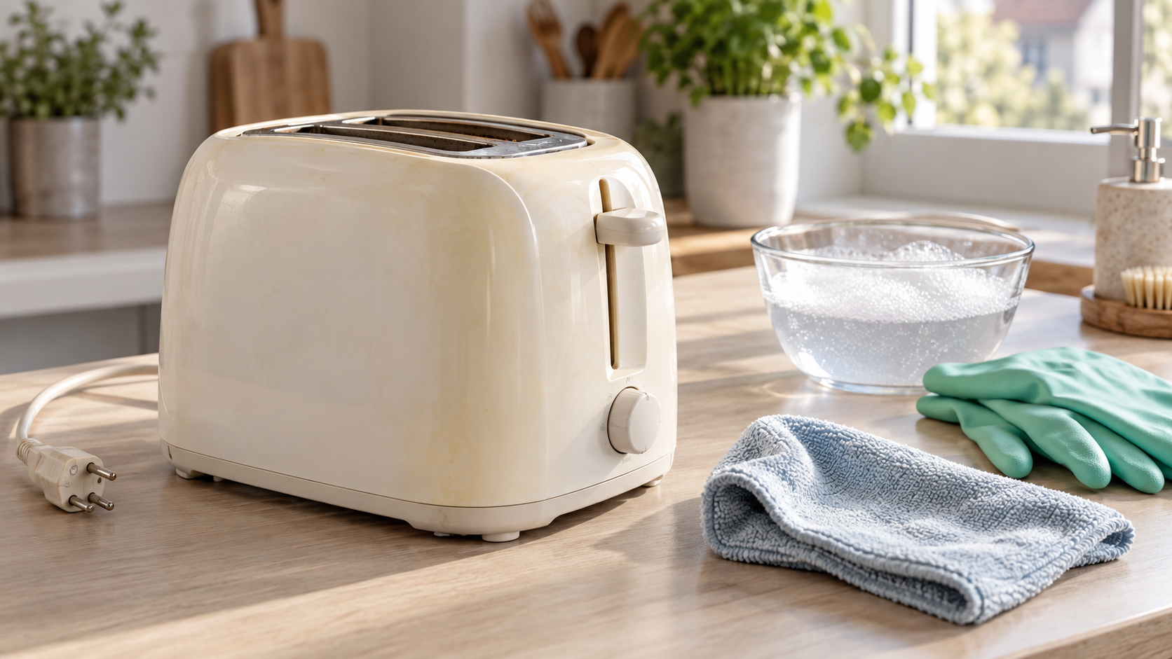Boîtier en plastique blanc jauni, chiffon microfibre, eau savonneuse et gants ménagers