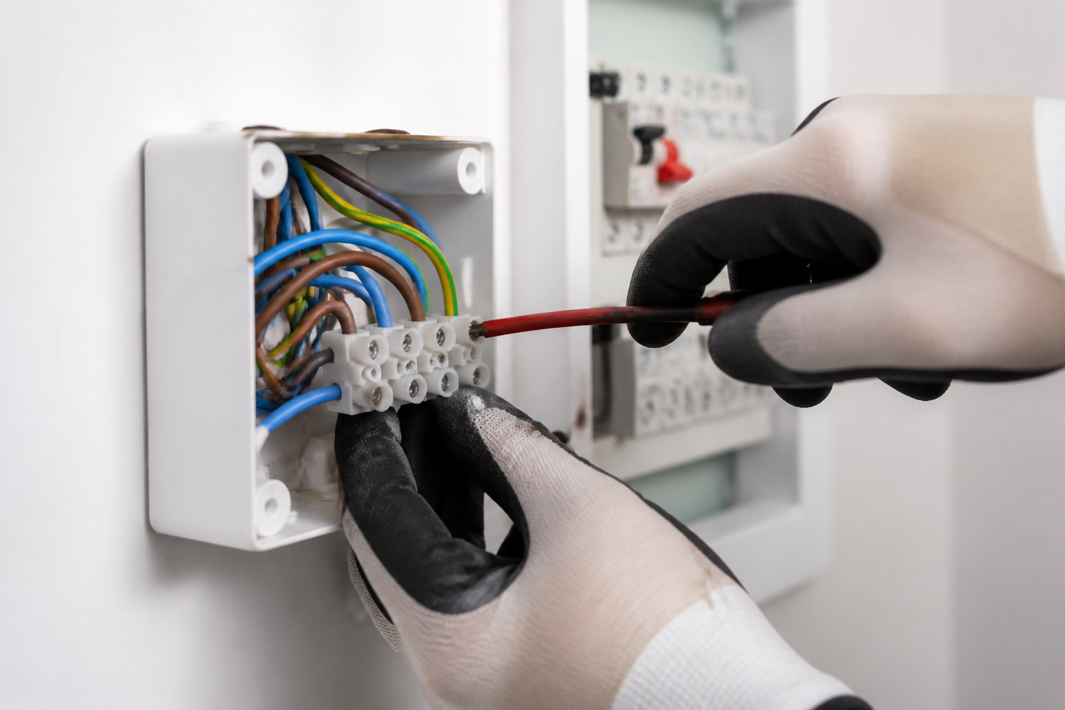Boîte de dérivation ouverte avec un domino électrique manipulé hors tension
