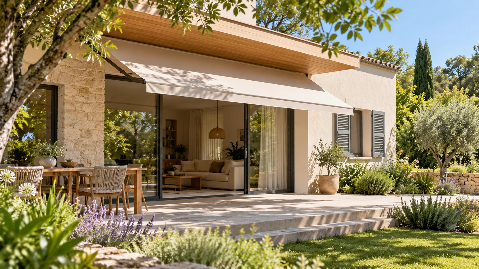 Maison avec store banne déployé au-dessus d’une baie vitrée, volets persiennés et terrasse ombragée par un arbre