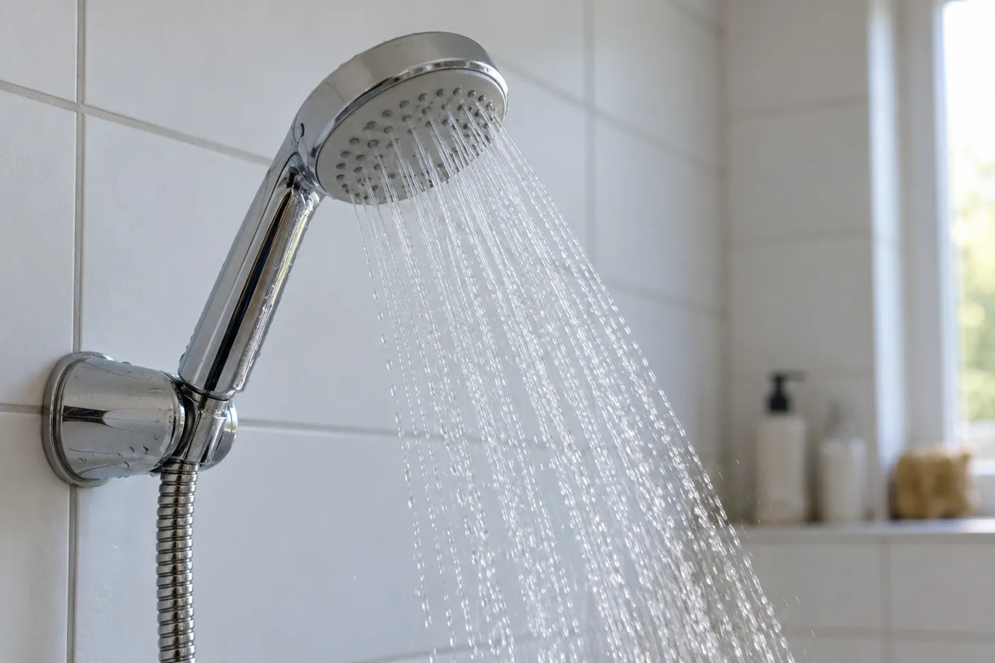 Pommeau de douche économique chromé sur son support mural, jet fin et régulier dans une salle de bains carrelée de blanc