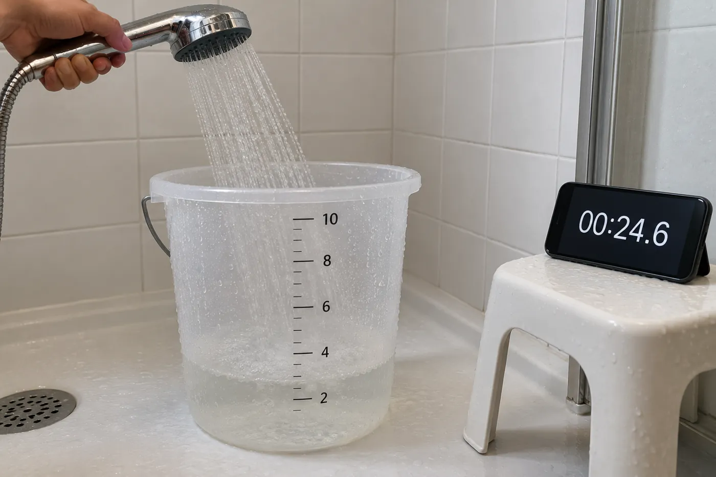 Douchette qui remplit un seau gradué en litres, chronomètre affiché sur un téléphone posé sur un tabouret
