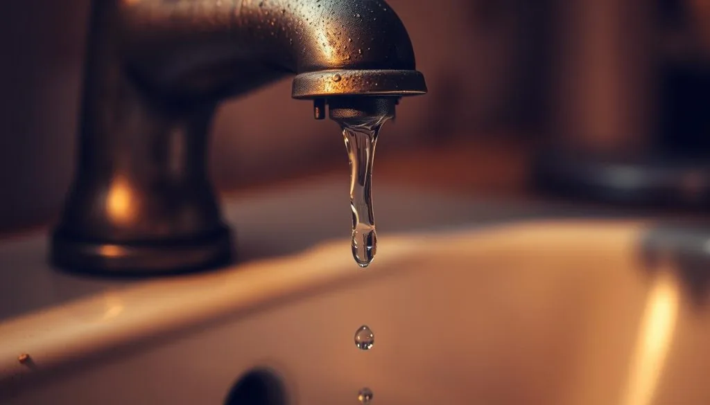 Goutte d'eau au bec d'un robinet fermé qui coule encore