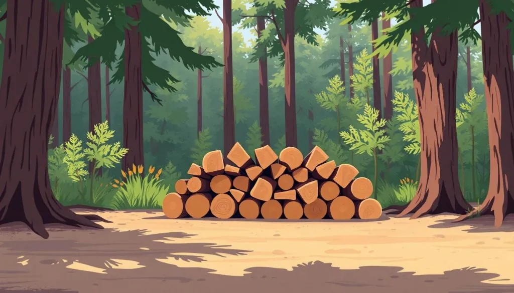 Tas de bûches de bois de chauffage coupées et empilées au pied des arbres